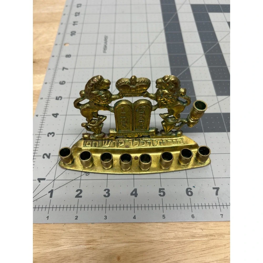 Vintage Menorah Brass Lions of Judah Ten Commandments Hannukkah Jewish Israel